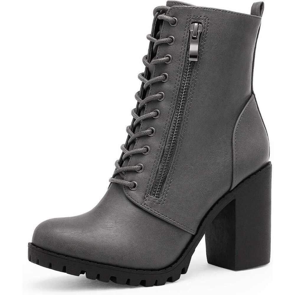 Women's Polyurethane (Pu) Grey Combat Ankle Chunky Heel Lace Up Heeled Booties